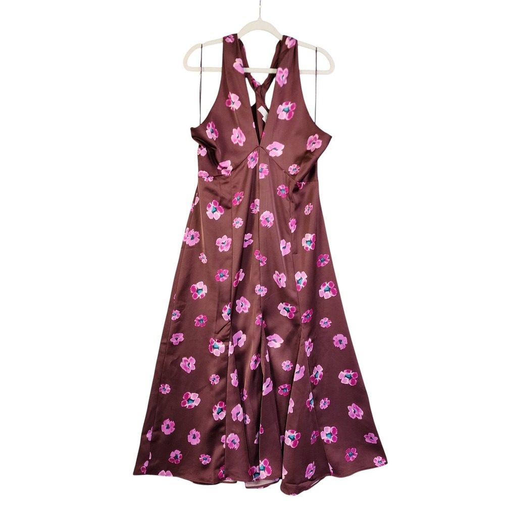 Loft Womens Ikat Buttercup‎ Satin Godet Halter Midi Dress Size 10 NWT Brown Pink - Picture 2 of 13